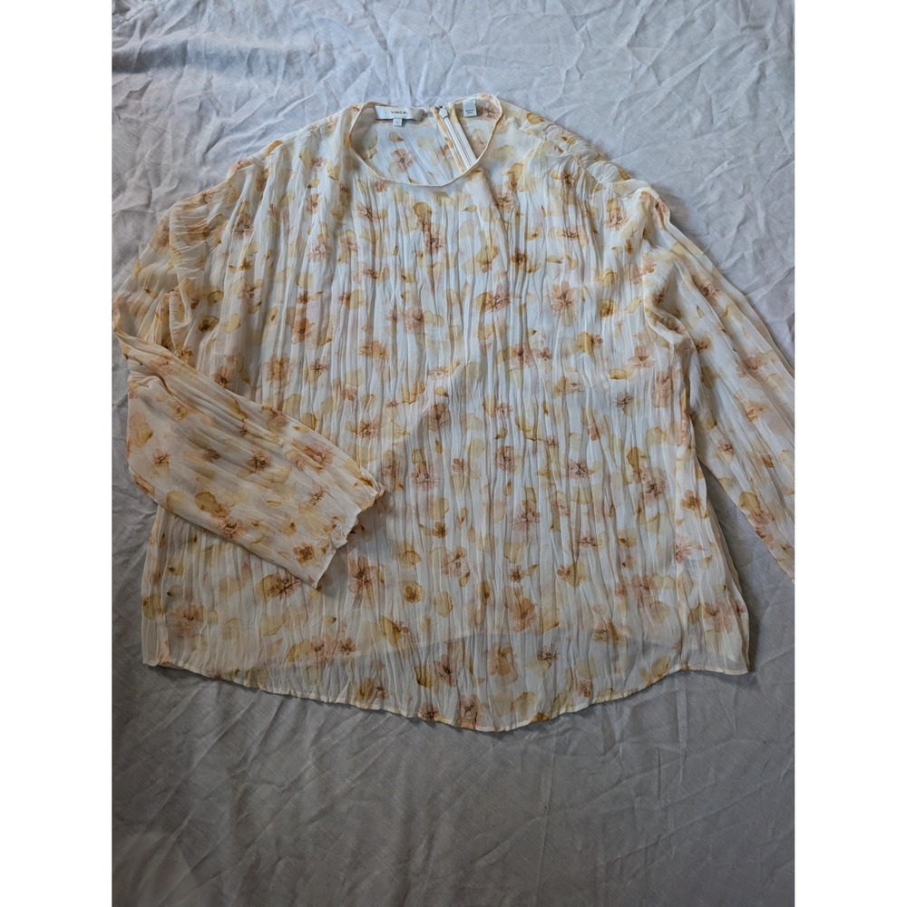 Vince Womens Sheer Pleated Floral Blouse Cream Peach Long Sleeve Top Small